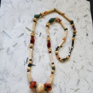 Vintage Beaded Necklace Carnelian Adventurine Crystal Bone Beads Boho Ethnic